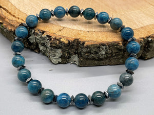 Blue Apatite with Faceted Hematite Bead Bracelet
