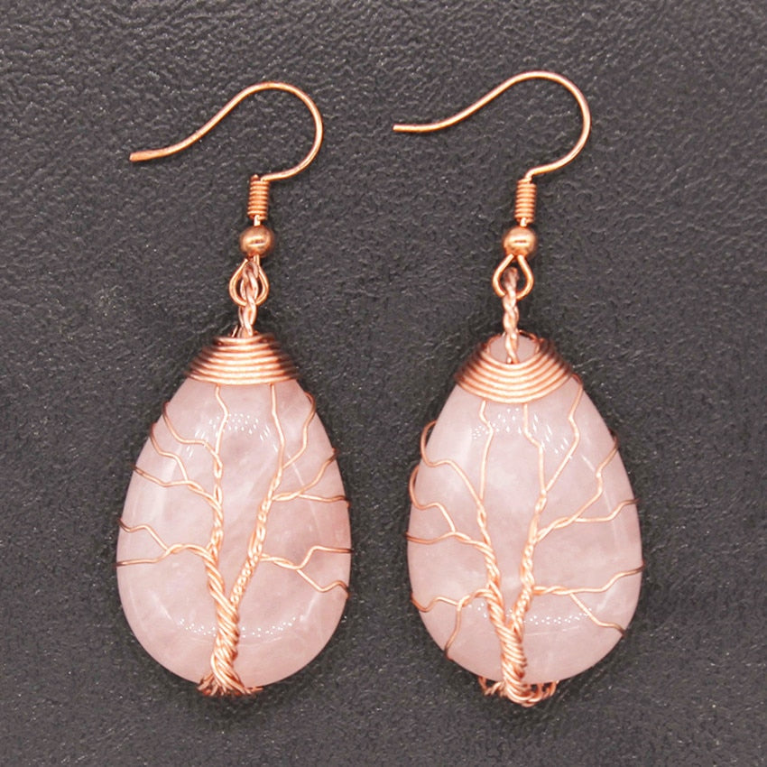Natural Stone Quartz Wire Wrap Water Drop Earrings