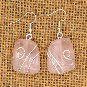 Silver Plated Wire Wrap Irregular Shape Natural Rose Pink Quartz Earrings